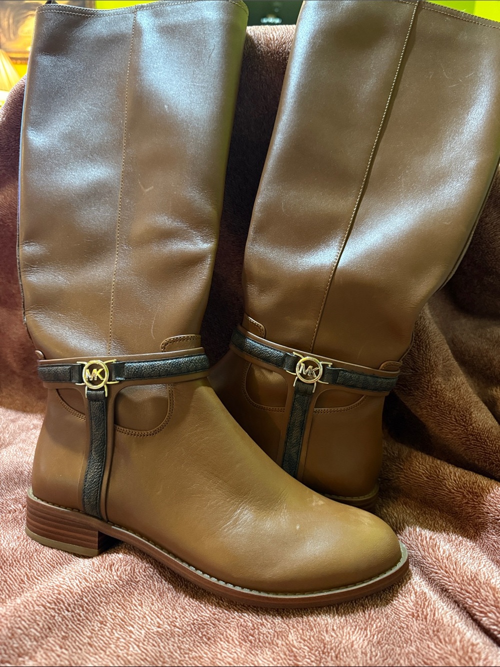 Michael Kors Brown Leather Mid-Calf Boots with Black Strap & Gold MK Logo